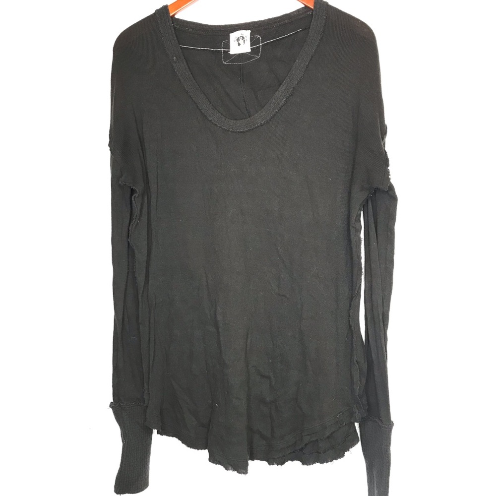 Free People We The Free Size M Black Washed Black Distressed V Neck Rib T Shirt